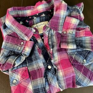 Arizona Jean Co Women's XL‎ Plaid Ruffle Western Shirt Pearl Snaps Pink Blue